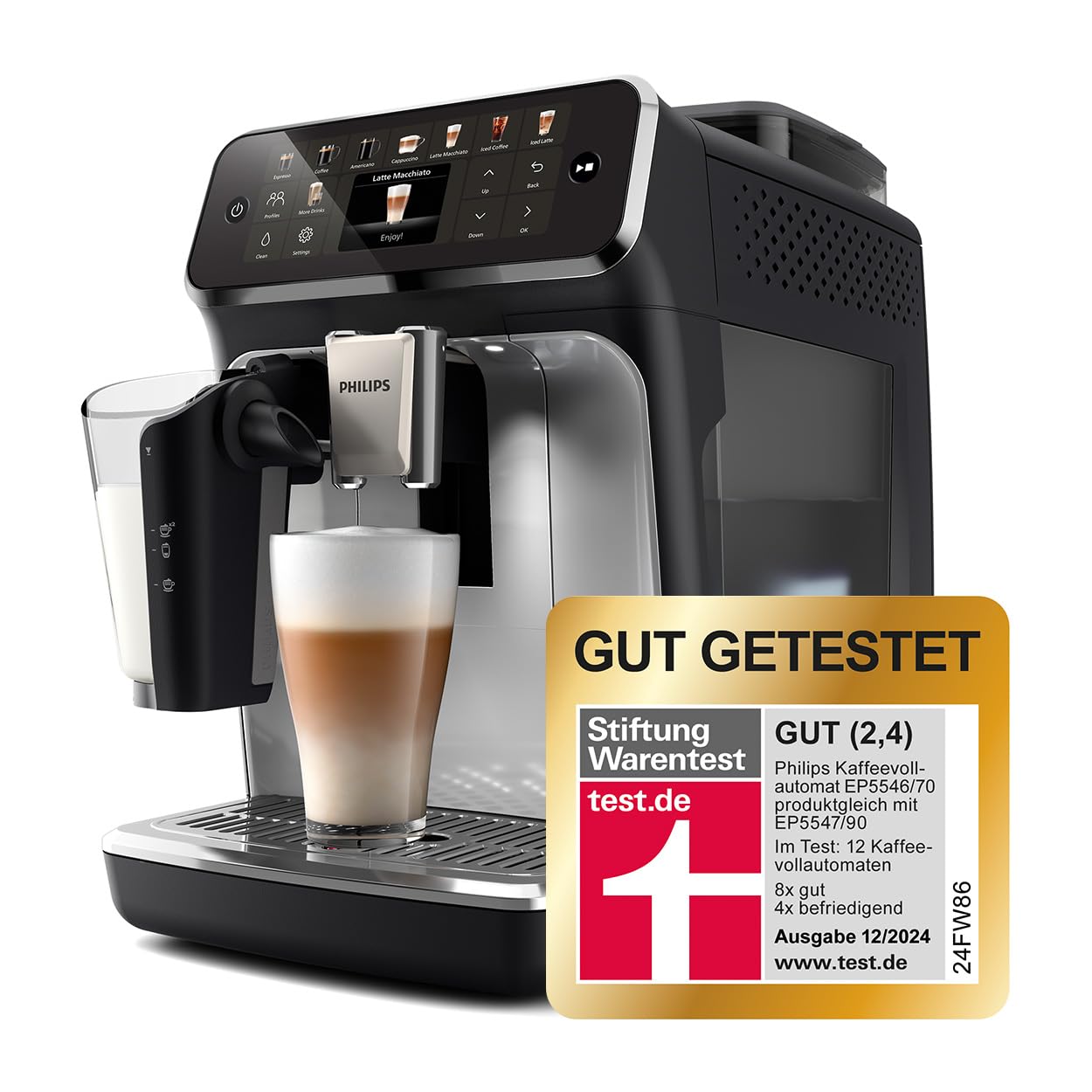 Philips Serie 5500 Kaffeevollautomat – LatteGo Milchsystem, 20 heiße und kalte Kaffeespezialitäten, 40% leiser mit SilentBrew, QuickStart, Schwarz/Grau (EP5544/50)